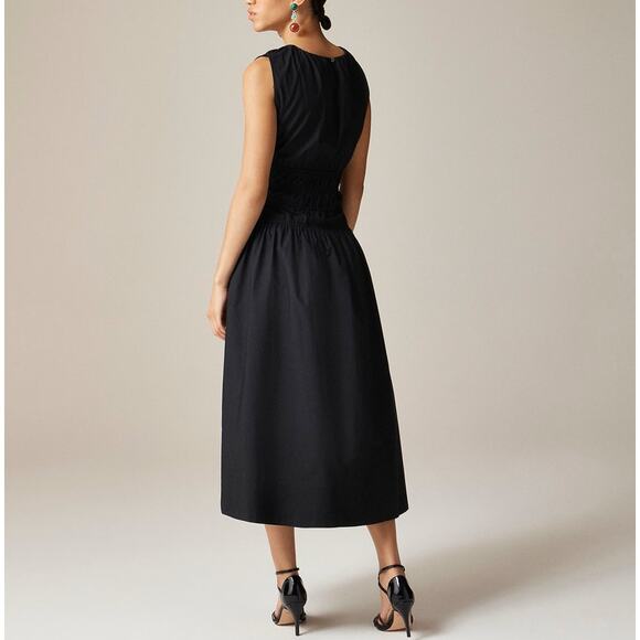 J.Crew Hyacinth Midi Dress WMNS L Black A-Line Smocked Sleeveless Cotton Poplin - Picture 2 of 8